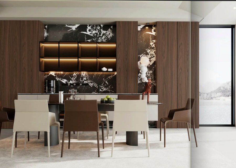 Dining room with premium wood panel cabinetry