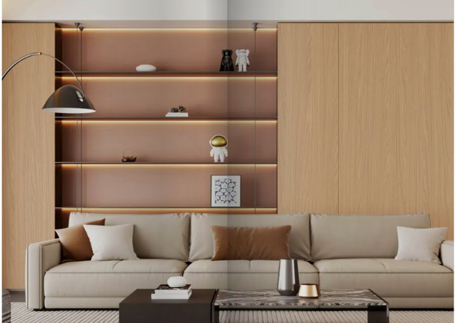 Living room with wood decorative panels